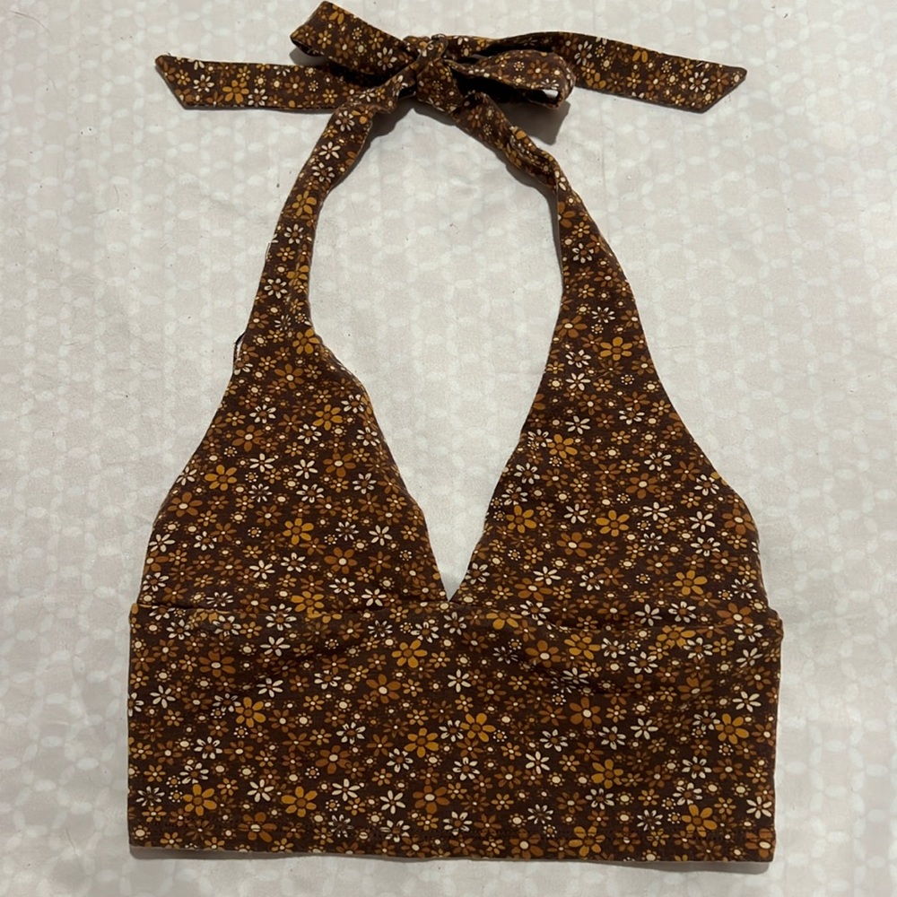 GARAGE Rebecca Halter Top Brown Tan Flowers Cropped Sexy Party Going Out Shirt